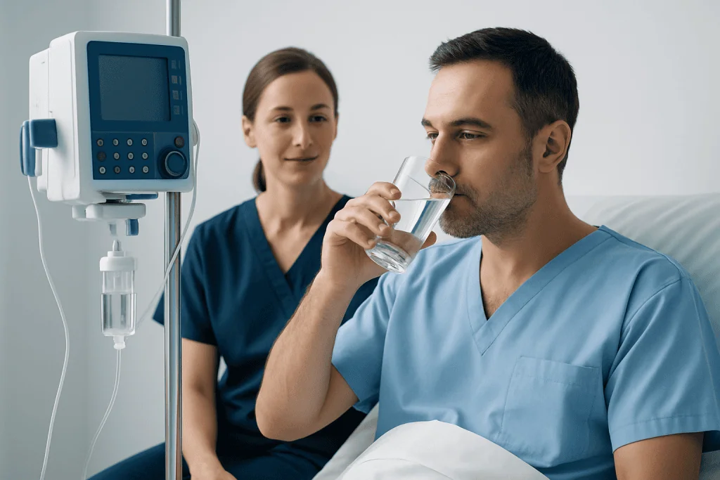 Patient drinking water in hospital room with medical staff nearby.
