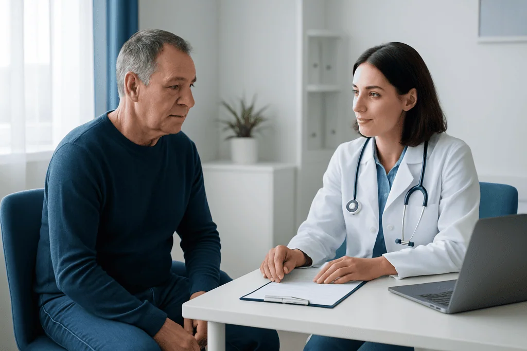Doctor consulting with an older male patient in a medical office.