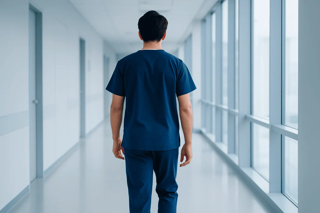 Dry Skin on Breast: Causes, Cancer Risk & When to Worry. 1 Healthcare professional walking in hospital corridor with large windows.