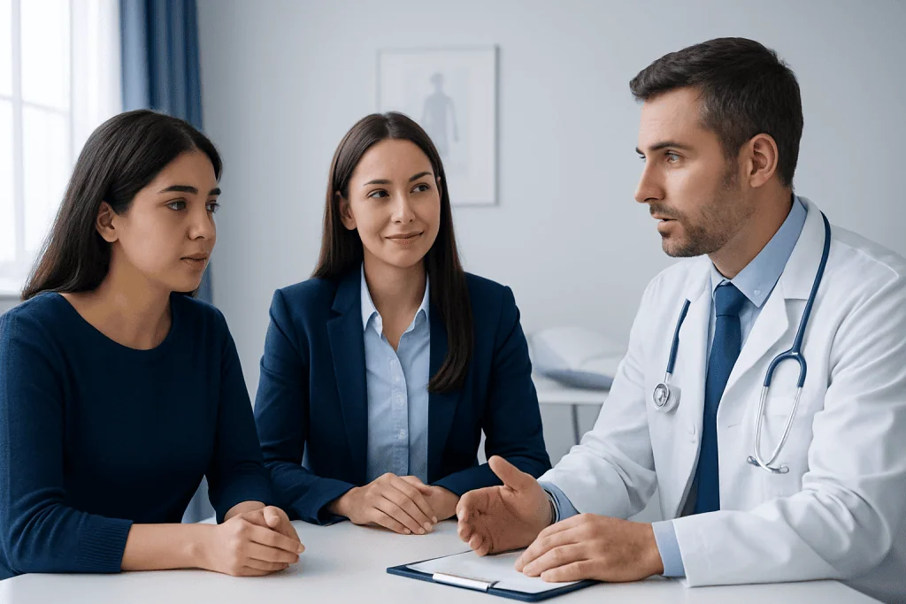 Doctor consulting with two female patients in a modern clinic setting.