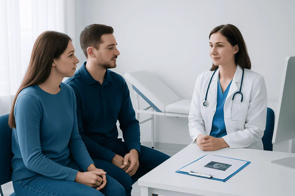 Fertility consultation with doctor and couple in a clinic setting.