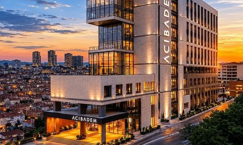 Modern Acibadem Taksim Hospital building at sunset with city skyline.