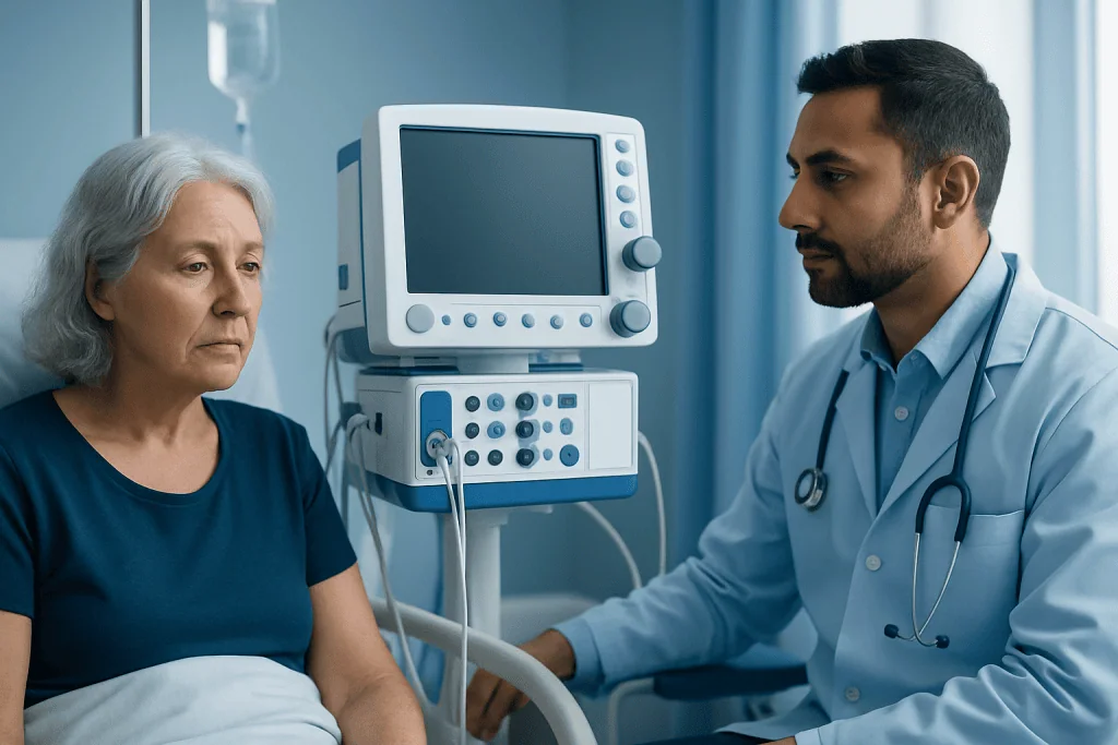 Doctor consulting with elderly patient in hospital room with medical equipment.