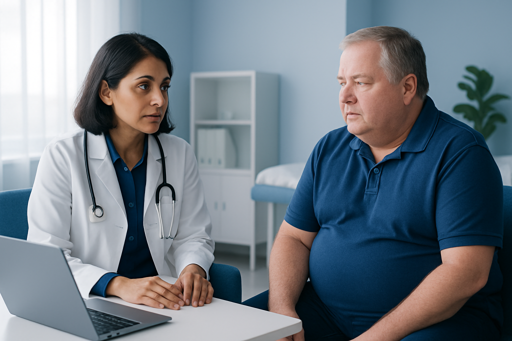 Doctor consulting with a middle-aged male patient in a medical office.