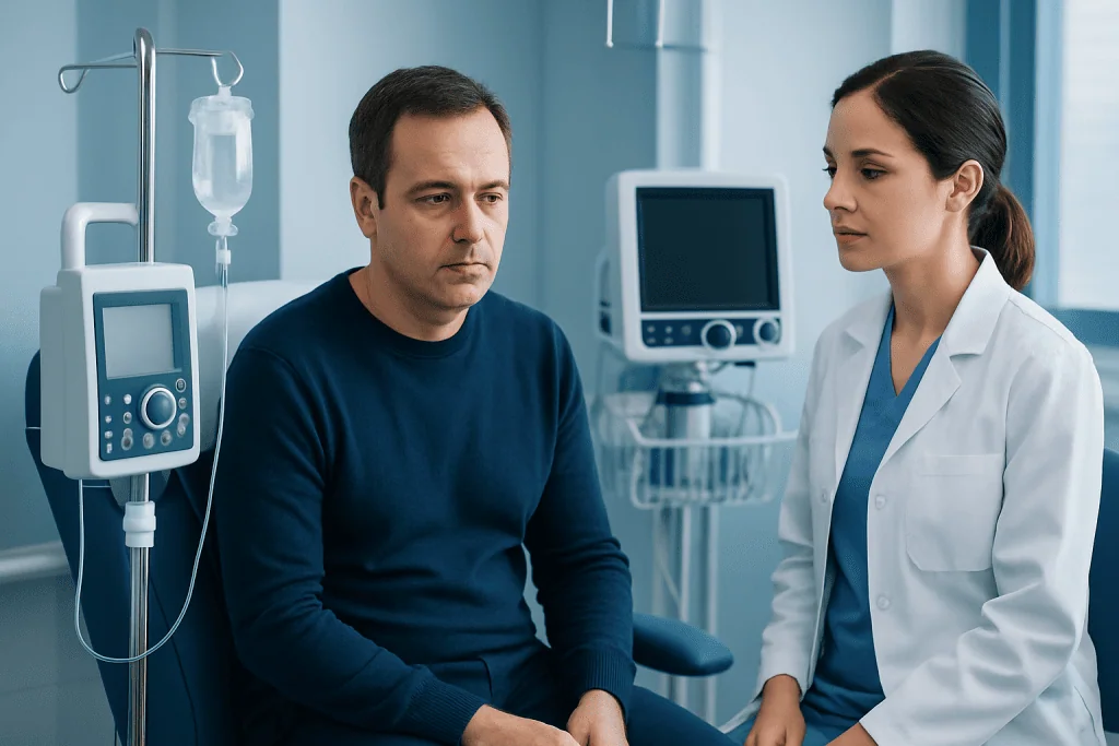 Patient consulting with doctor in hospital room with medical equipment.