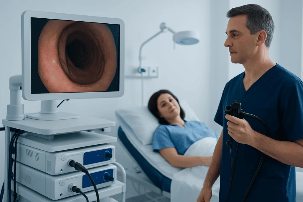 Doctor preparing for a colonoscopy procedure in a hospital room.