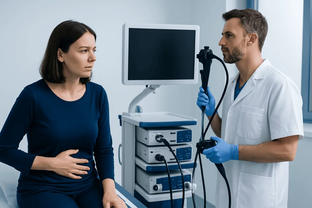 Doctor explaining gastrointestinal endoscopy to patient in clinic.