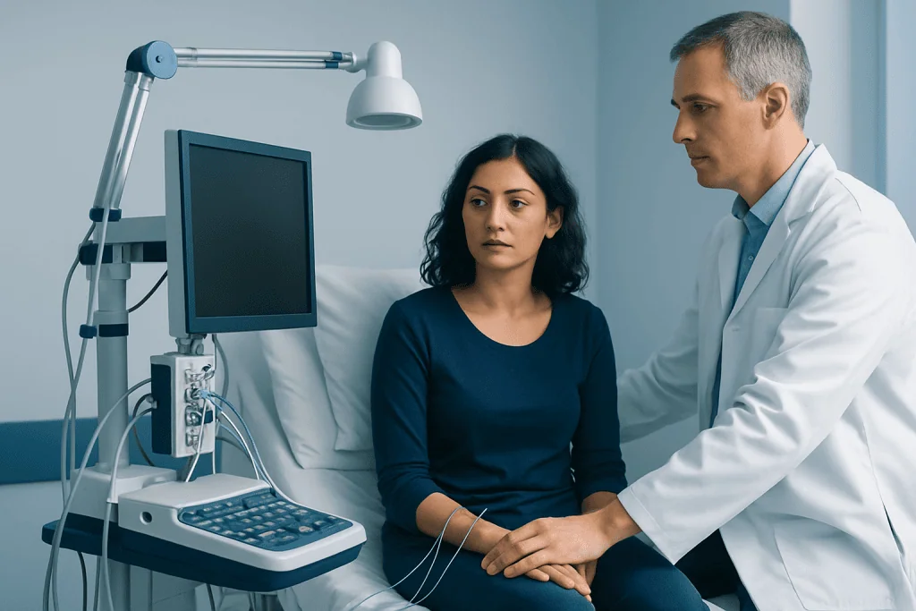 Doctor examining a patient in a hospital room with medical equipment.