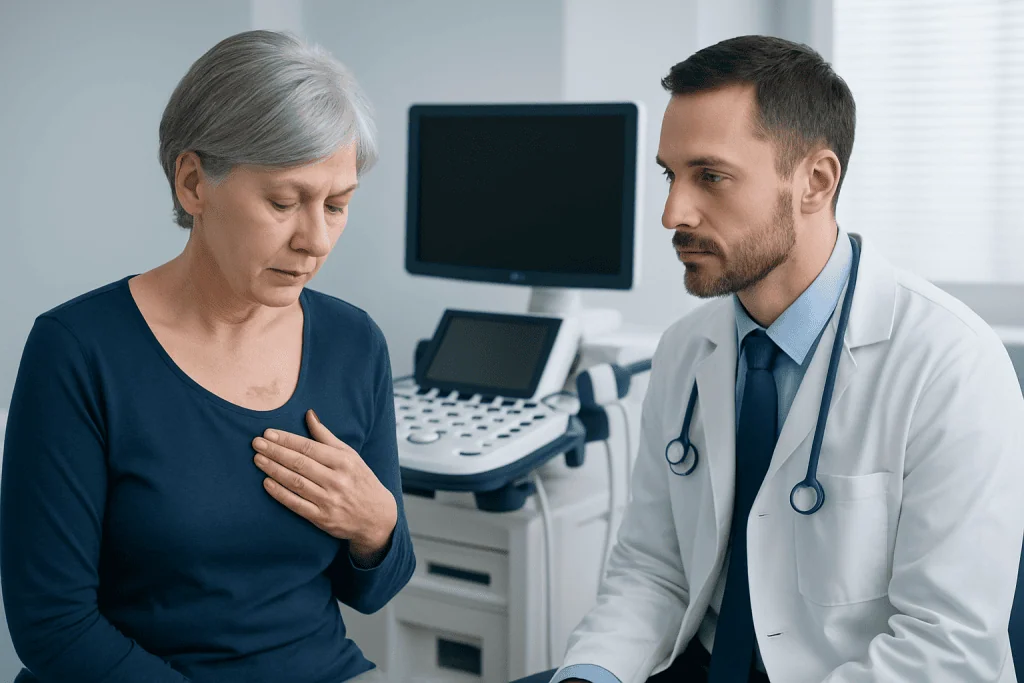 Doctor consulting with an elderly woman in a medical office.