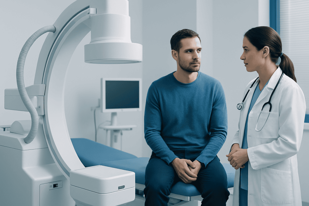 Doctor consulting with male patient in medical examination room.