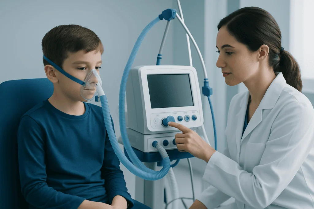 Pediatric patient undergoing respiratory assessment at a hospital.