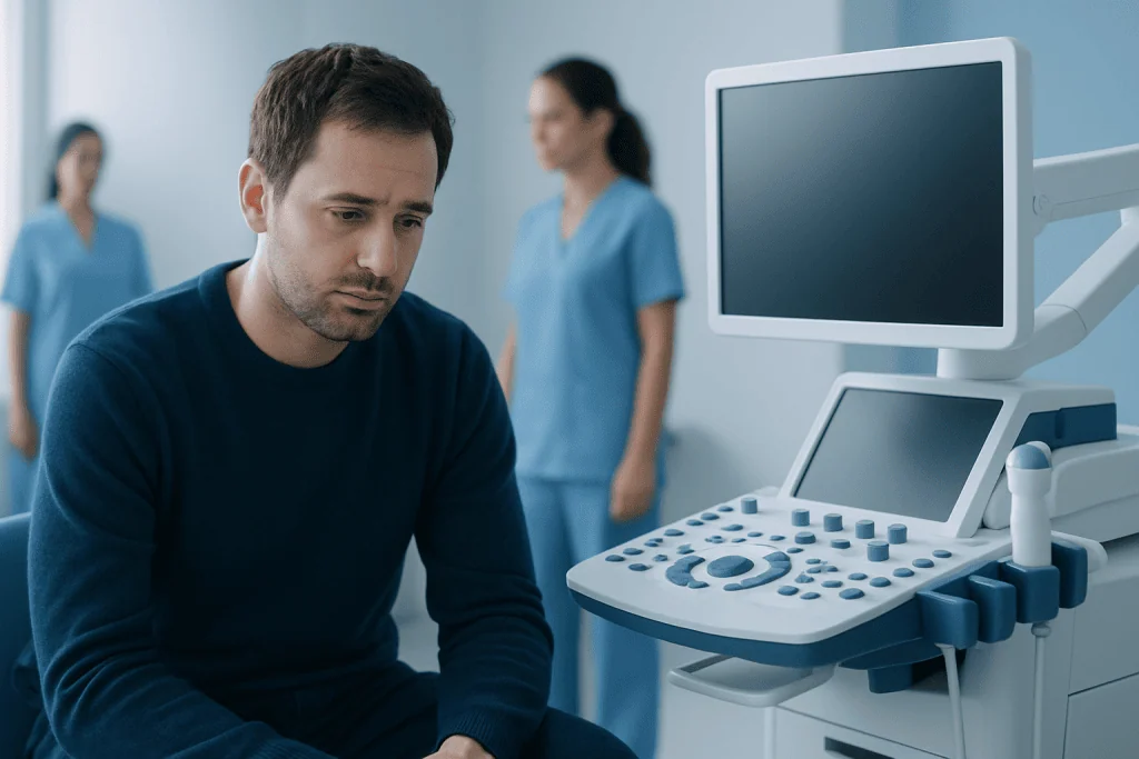 Man waiting in a medical examination room with ultrasound equipment.