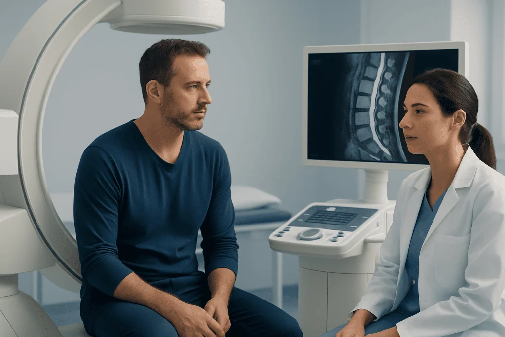 Patient undergoing spinal imaging at Acibadem Hospital for neurological assessment.