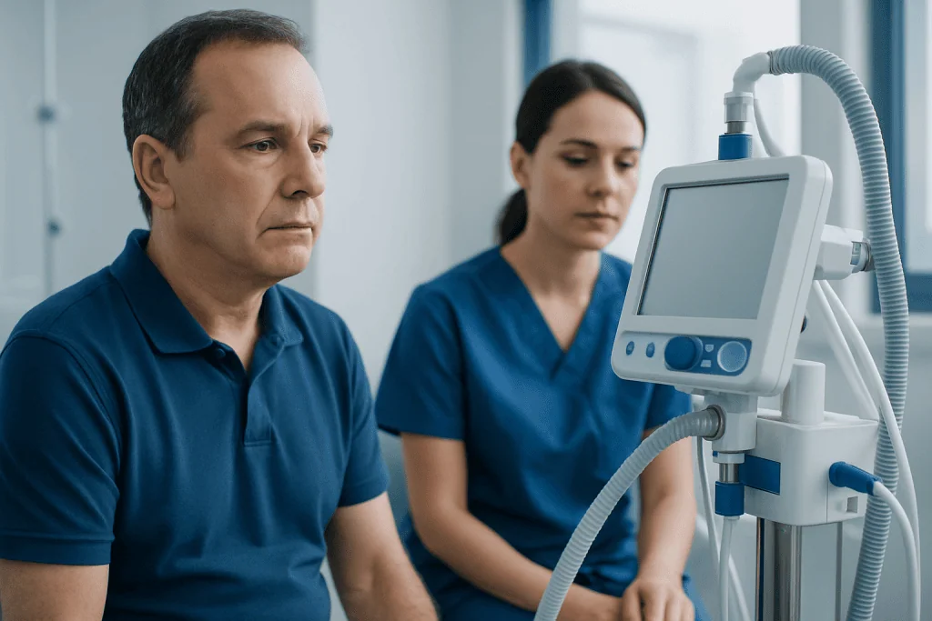 Medical professionals using ventilator equipment in a hospital setting.