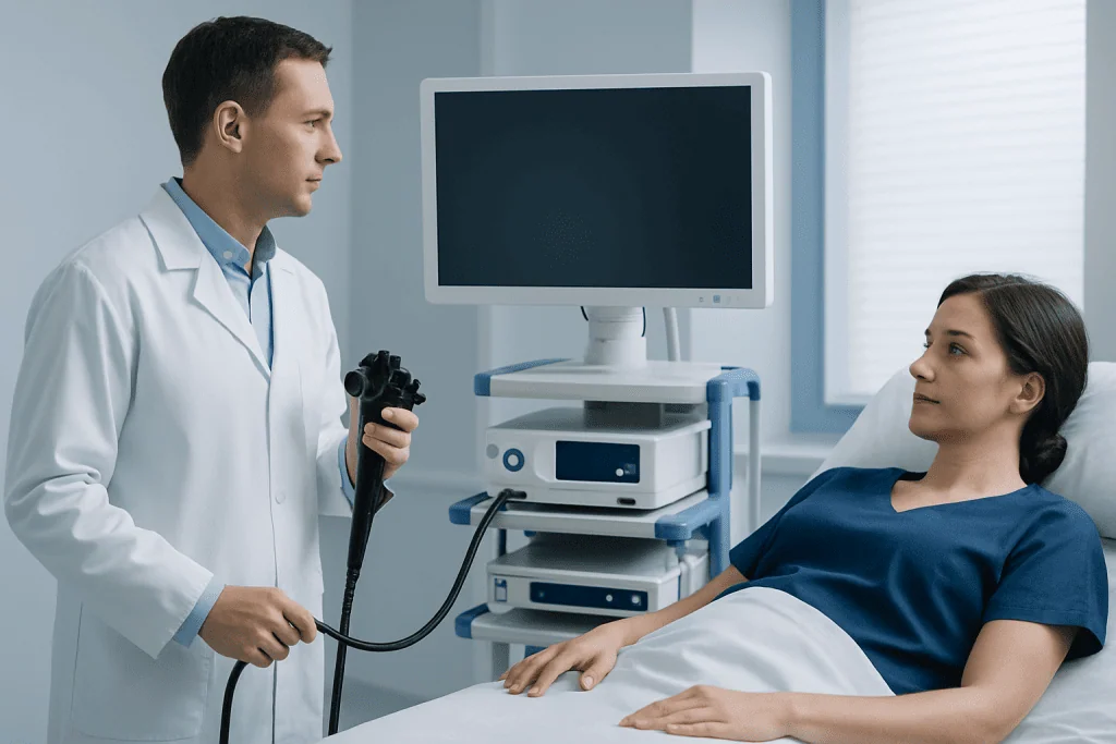 Doctor performing a colonoscopy on a patient in a hospital room.