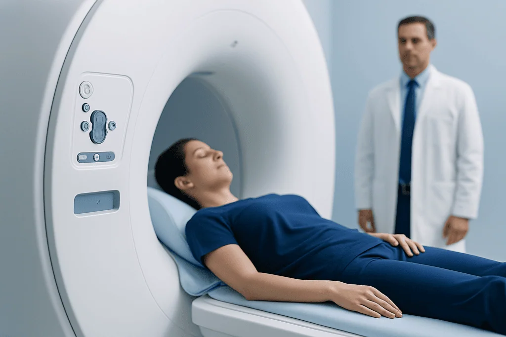 Patient undergoing MRI scan at Acibadem Hospital for spinal assessment.