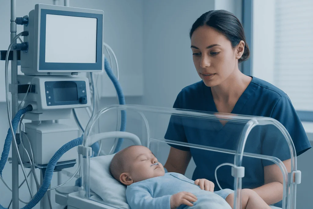 Pediatric nurse monitoring a baby in an incubator at a hospital.