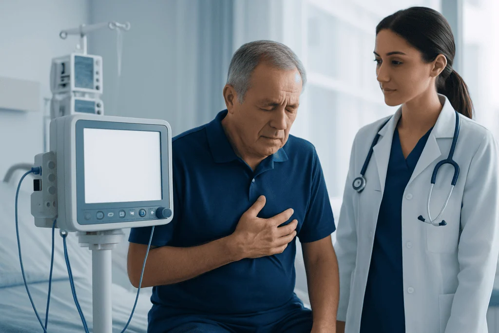 Senior man experiencing chest pain during medical examination at hospital.