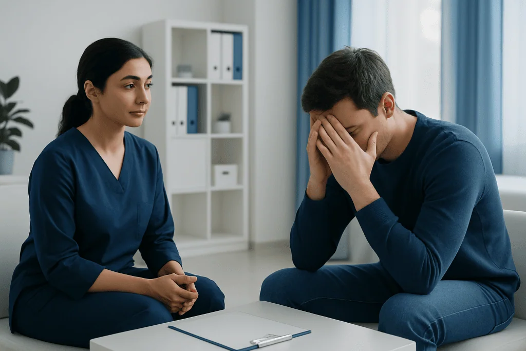Therapist listening to a distressed man in a counseling session.