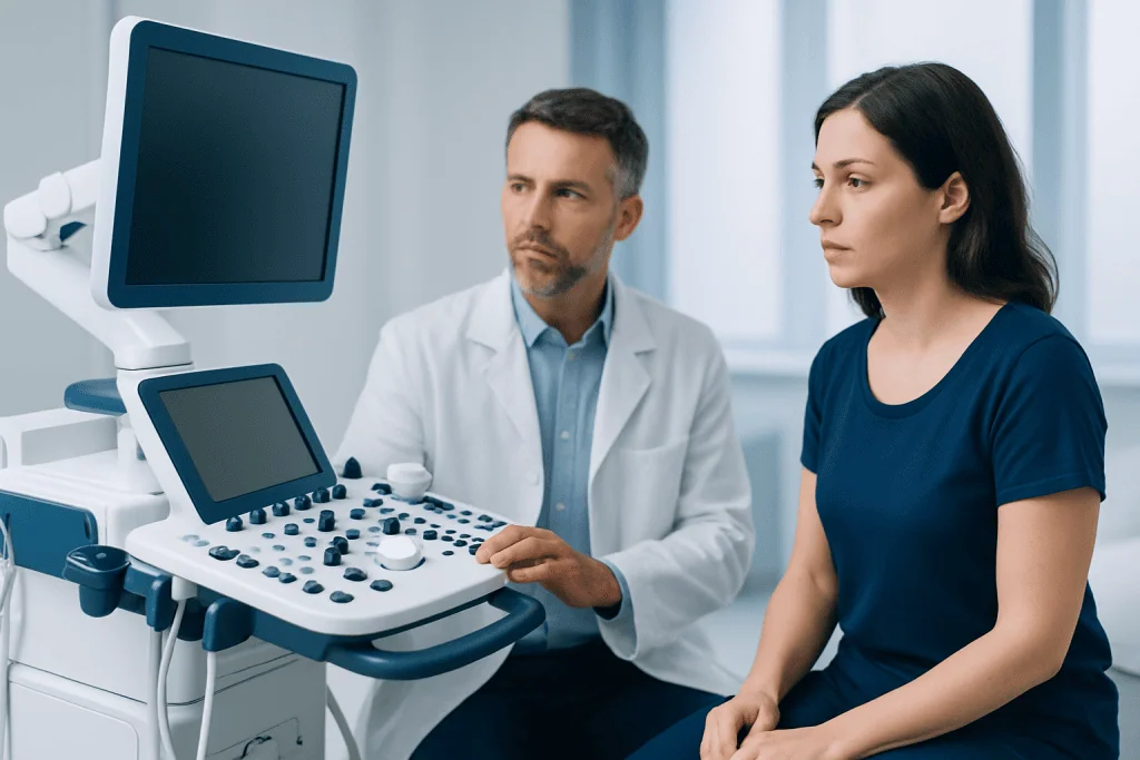 Doctor performing an ultrasound examination on a patient in a medical clinic.