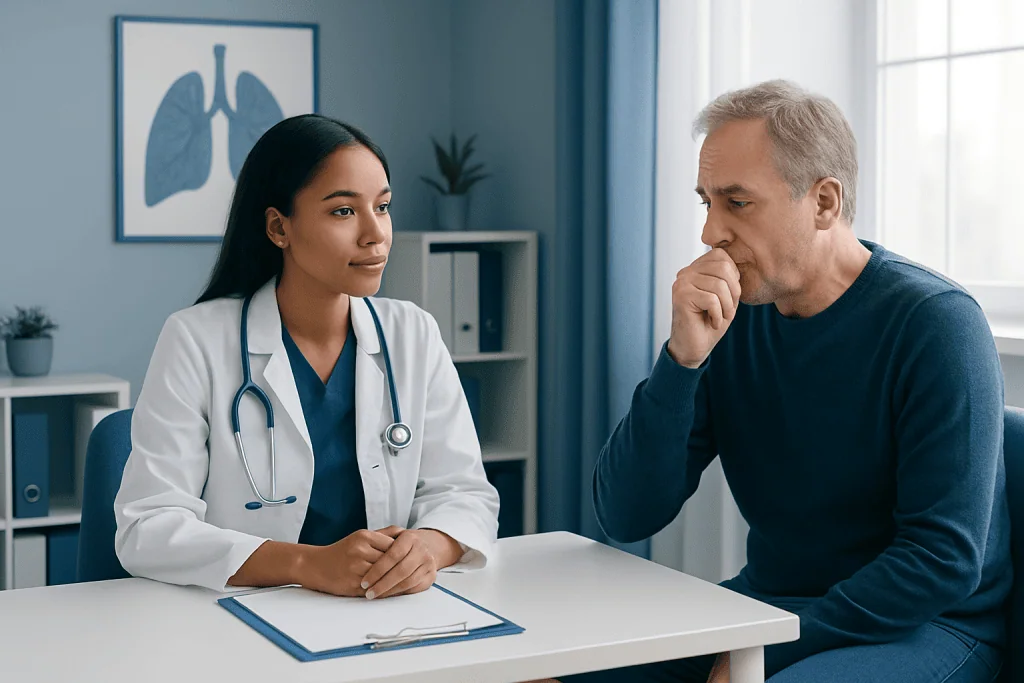 Doctor consulting with a patient about lung health and symptoms.