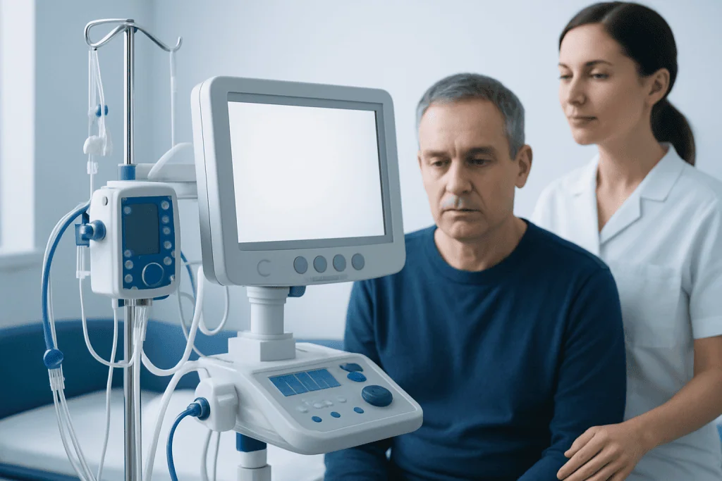 Medical professionals with patient and monitoring equipment in hospital.