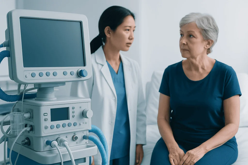 Doctor consulting elderly patient in hospital room with medical equipment.
