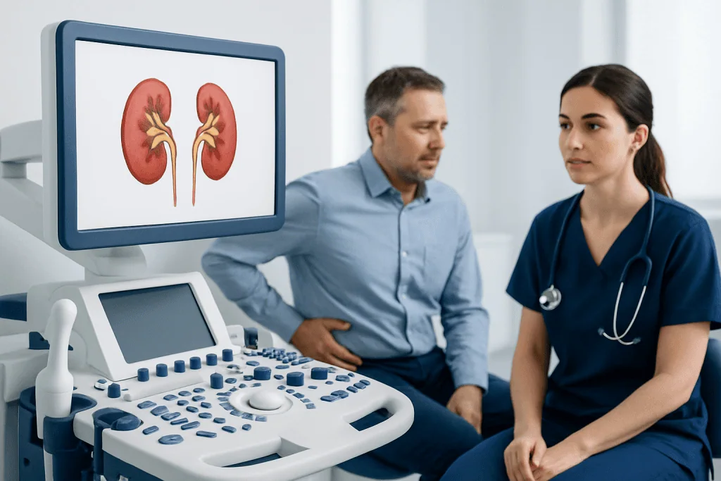 Medical consultation about kidney health with ultrasound imaging.