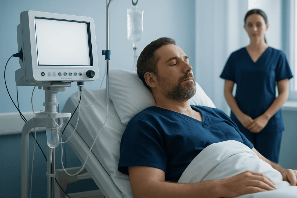Patient resting in hospital bed with medical monitor and nurse nearby.