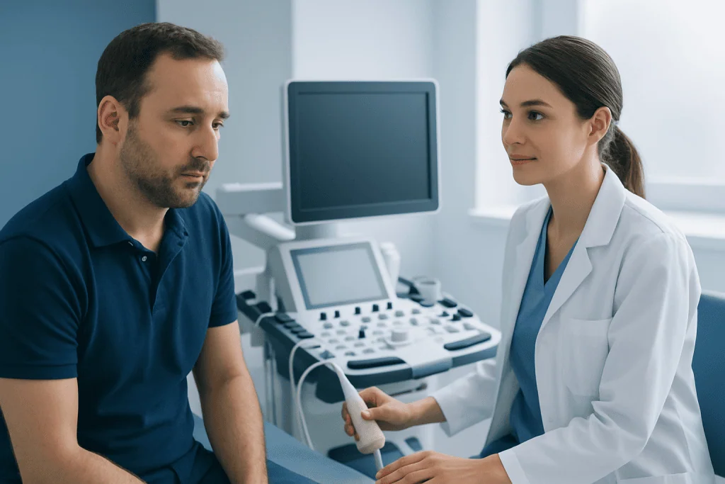 Doctor performing an ultrasound exam on a male patient in a medical clinic.