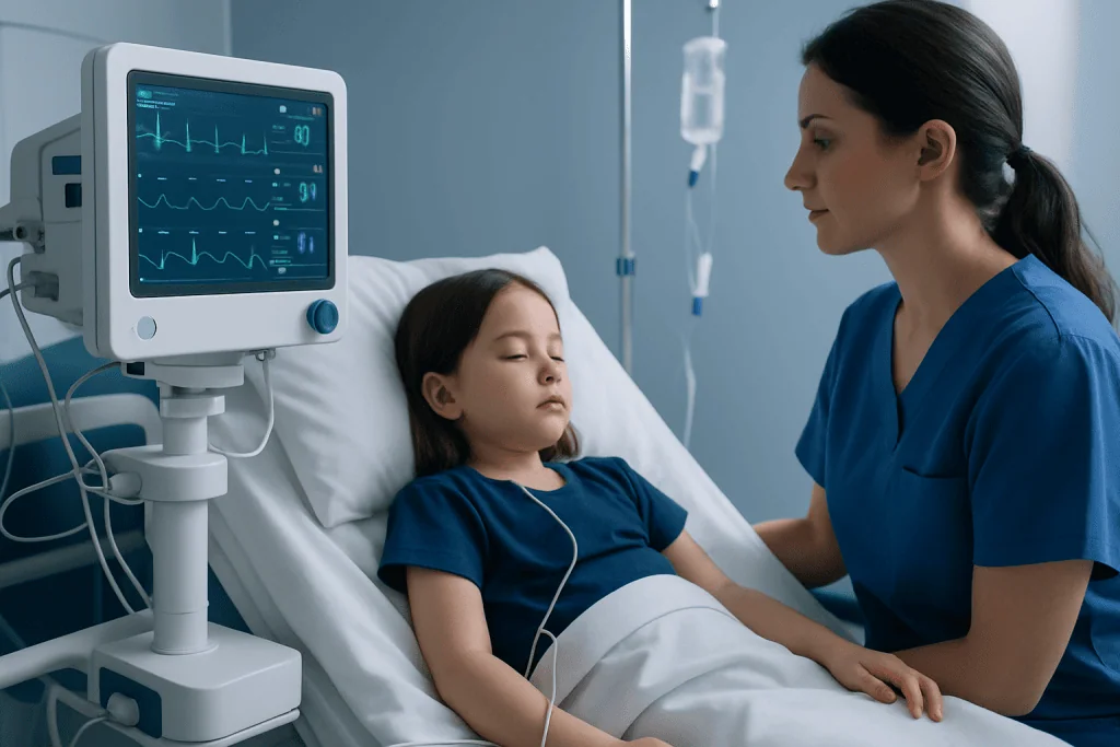 Pediatric patient undergoing neurological monitoring in hospital bed.