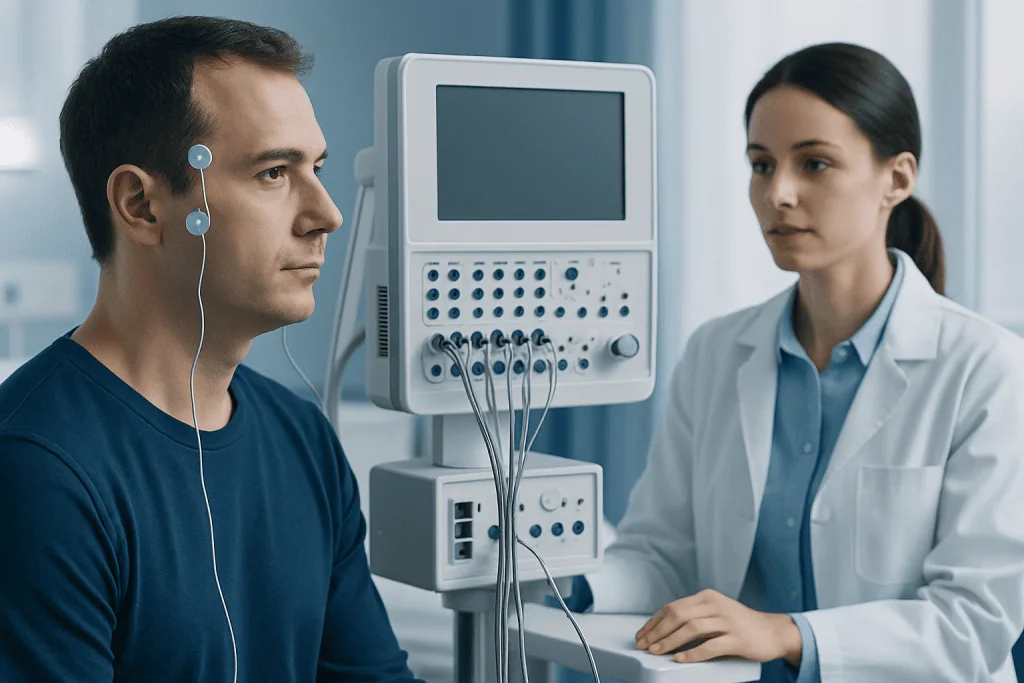 Patient undergoing neurological exam with medical professional present.