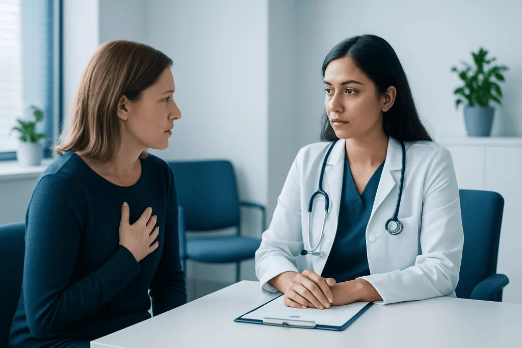 Doctor consulting with a patient about health concerns in a medical office.