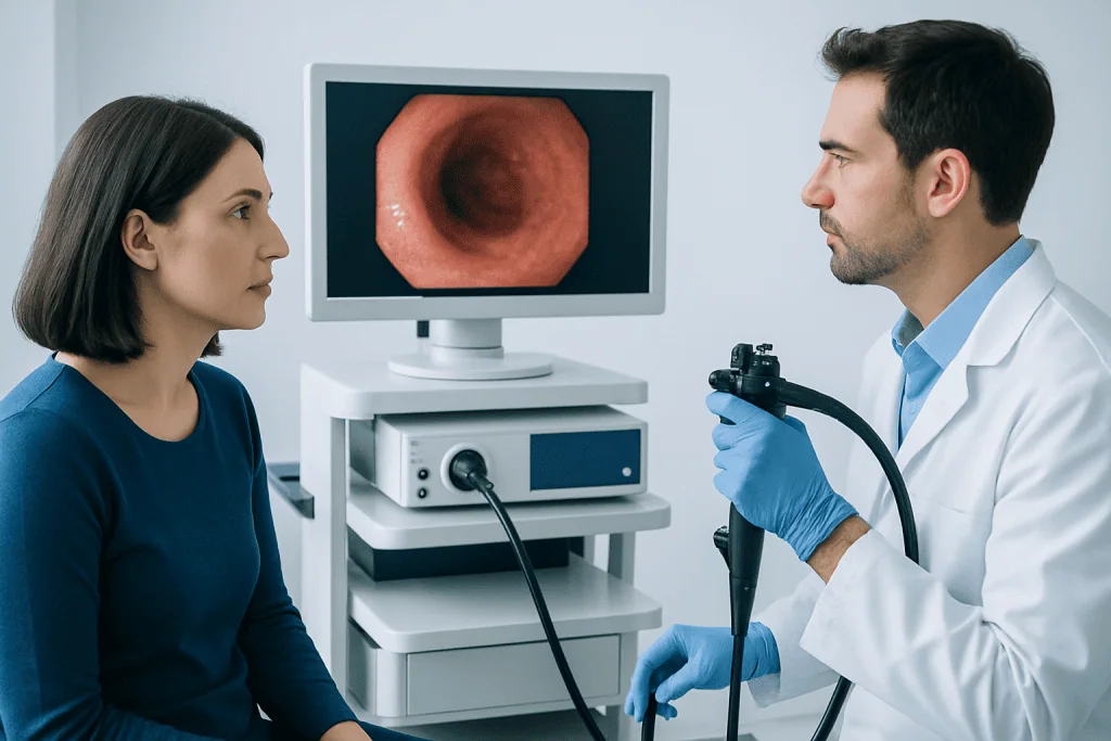 Gastroenterologist explains colonoscopy results to patient in clinic.