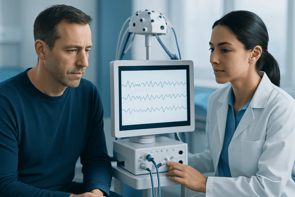 Doctor and patient during neurological examination with EEG monitor.