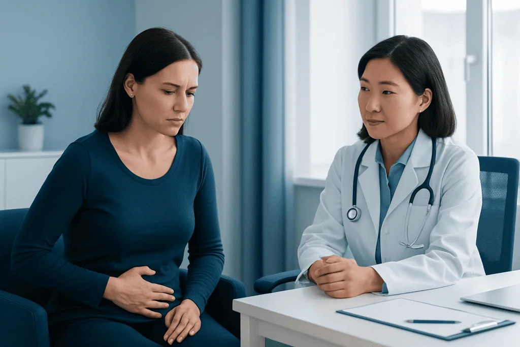 Doctor consulting with a woman patient about ovarian health symptoms.