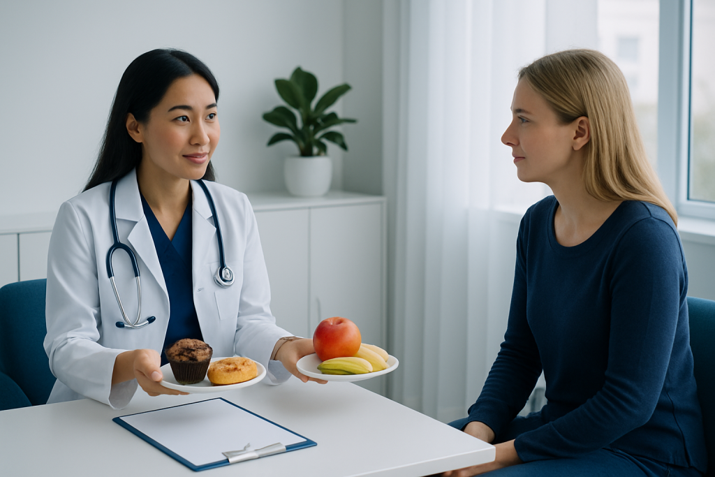 Doctor offering healthy food options to a patient in a consultation room.