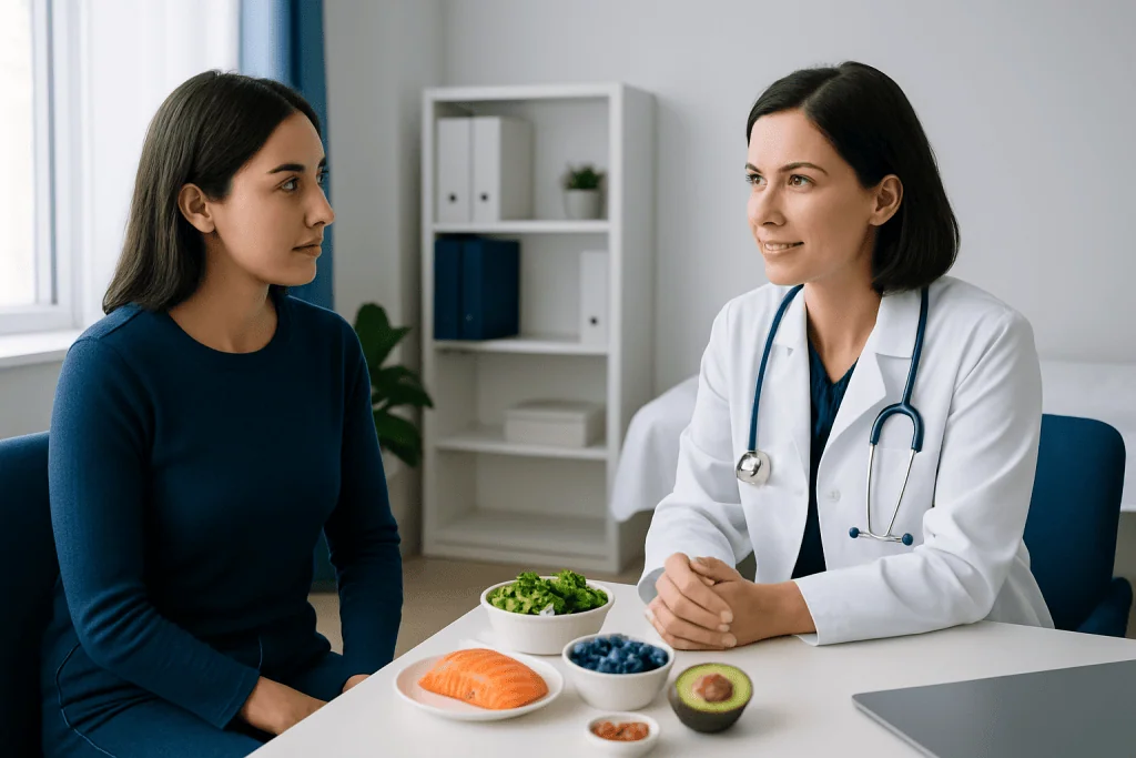 Doctor consulting a patient about healthy foods for skin health.