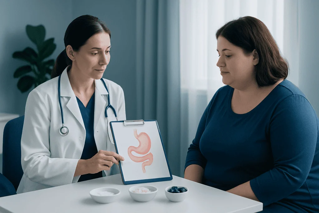 Doctor explaining bariatric diet stages to patient with stomach diagram.