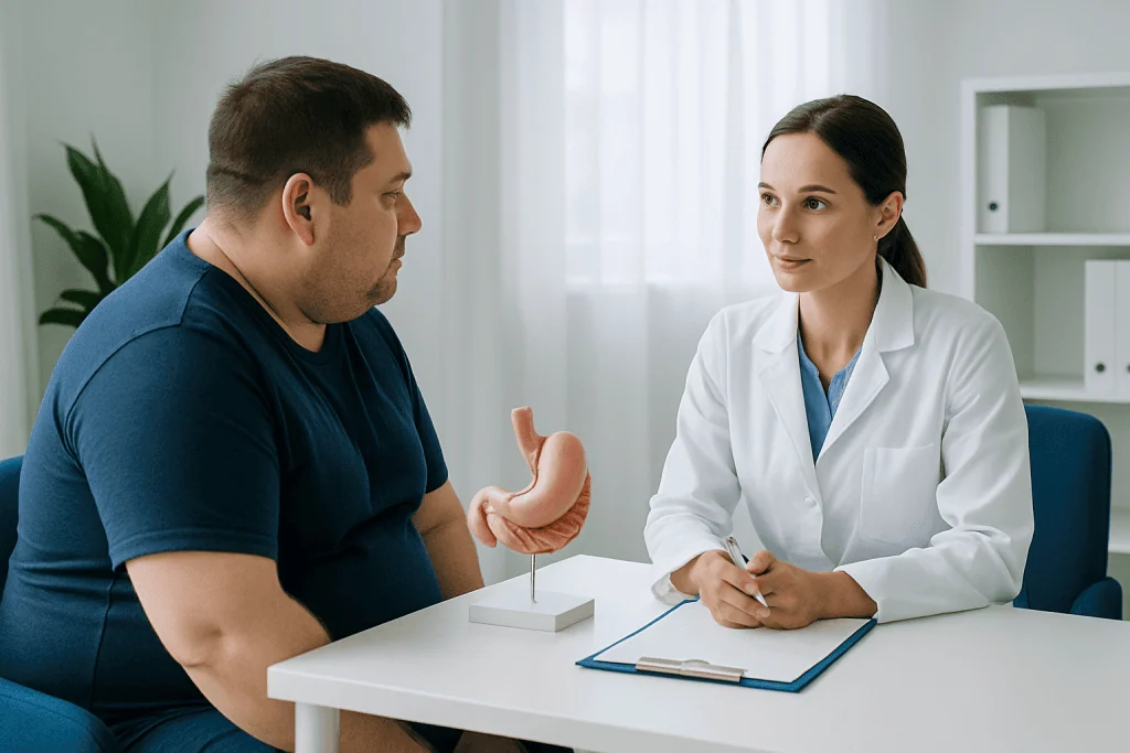 Bariatric patient consulting with a nutritionist in a medical office.