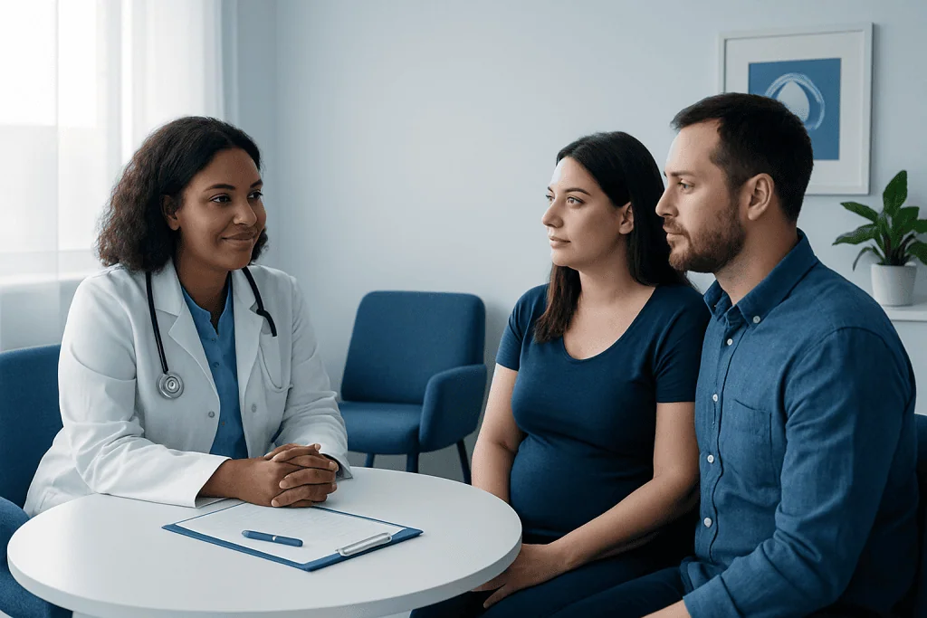 Doctor consulting with a couple about IVF treatment options at a hospital.