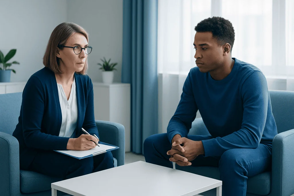 Therapist and patient in a counseling session at Acibadem Hospitals Group.