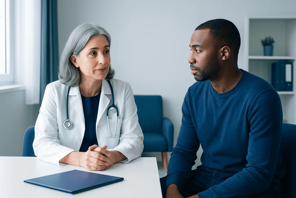 Doctor consulting with a patient in a medical office setting.