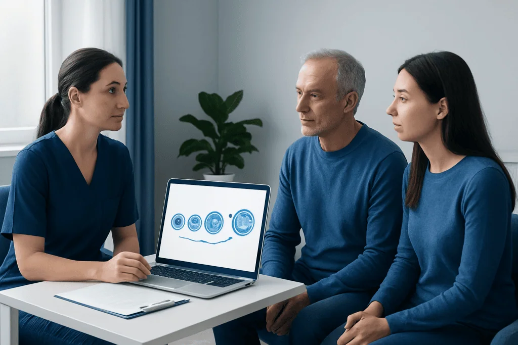 Fertility specialist explaining sperm analysis to a couple at a clinic.
