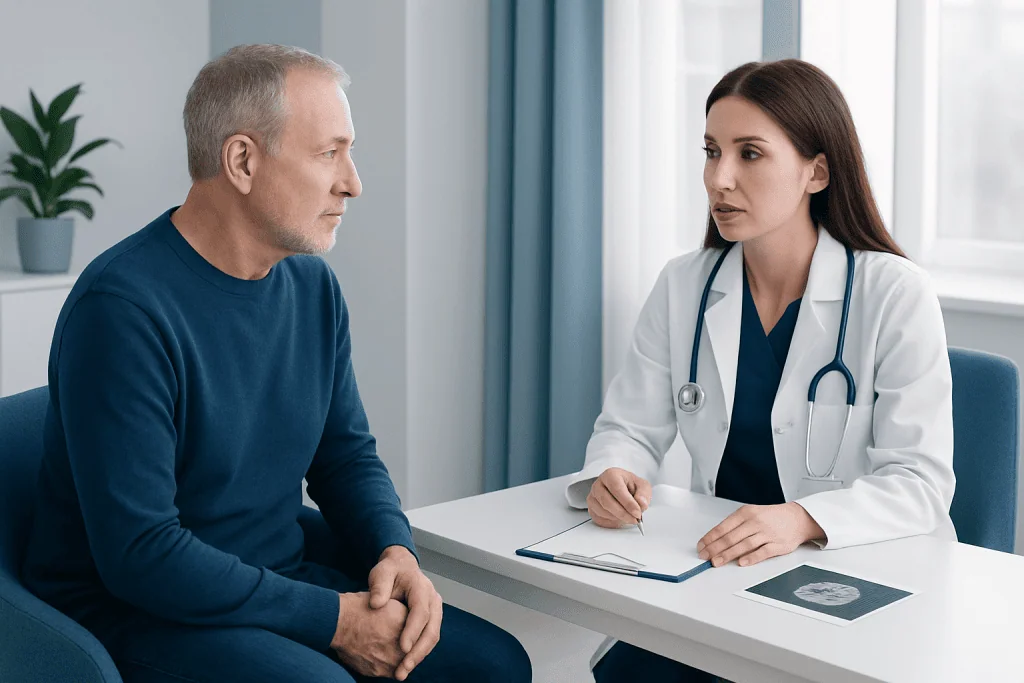 Doctor consulting with male patient in a modern clinic setting.