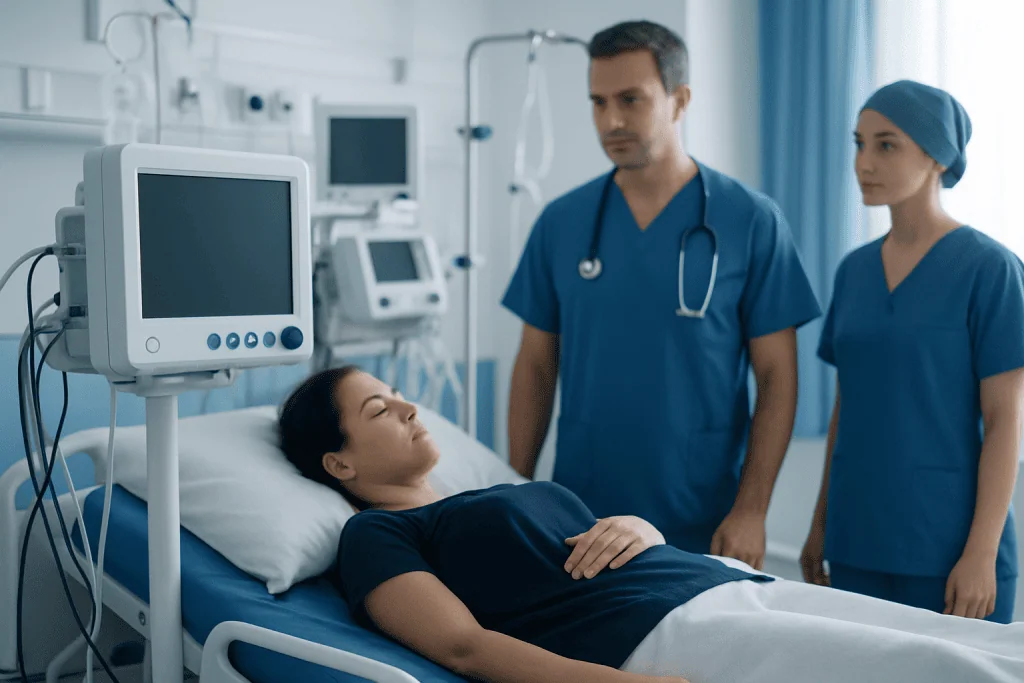 Hospital staff monitoring a patient in a hospital room at Acibadem Hospitals Group.