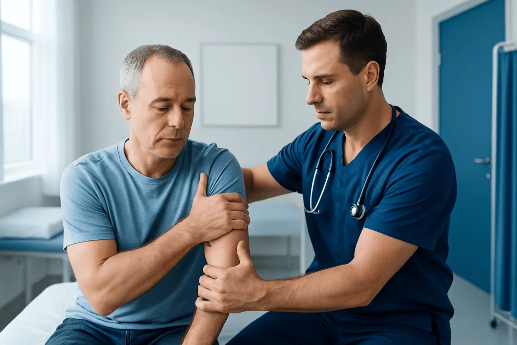 Doctor examining patient's shoulder for dislocation or injury.