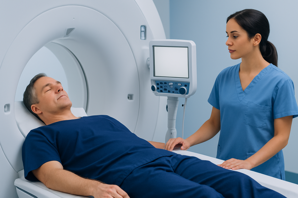 Patient undergoing MRI scan at Acibadem Hospital for spinal assessment.