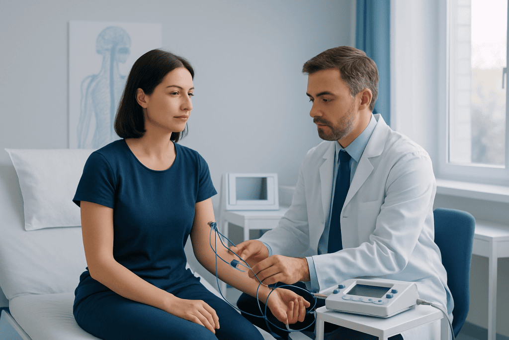Doctor performs neurophysiology test on patient in clinic setting.