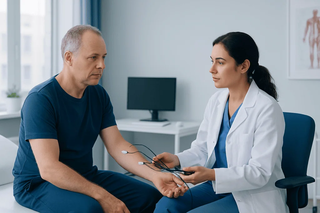 Doctor performs nerve conduction test on patient in clinical neurophysiology setting.